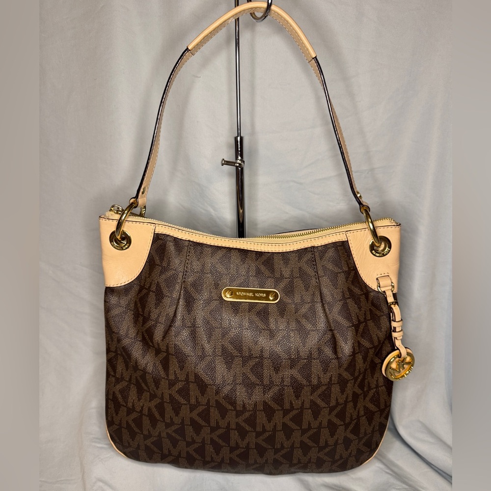 Michael Kors Brown and Beige Signature Logo Shoulder Bag